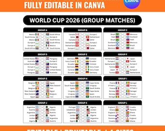 May include: A wall chart for the 2026 World Cup, fully editable in Canva. The chart displays group matches, with team flags and match details. The chart is available in 4 sizes and is editable and printable.