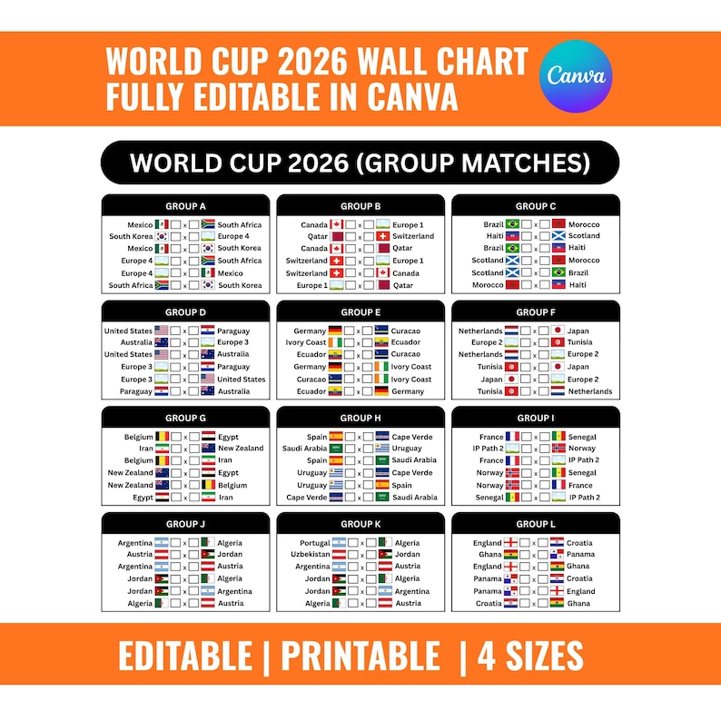 May include: A wall chart for the 2026 World Cup, fully editable in Canva. The chart displays group matches, with team flags and match details. The chart is available in 4 sizes and is editable and printable.