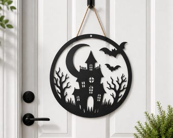 Halloween Door Hanger SVG, Haunted House Round Sign, Spooky Front Door Sign, Glowforge xTool Laser Cut File, Wooden Halloween Porch Decor