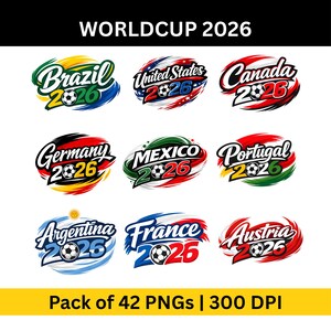 May include: A collection of soccer-themed graphics for the 2026 World Cup, featuring logos for Brazil, United States, Canada, Germany, Mexico, Portugal, Argentina, France, and Austria. The text "WORLDCUP 2026" is at the top.