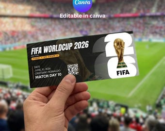 May include: A black and white FIFA World Cup 2026 ticket held in a hand. The ticket features the text "FIFA WORLD CUP 2026", a QR code, and the date June 10, 2026. The background shows a stadium with spectators.