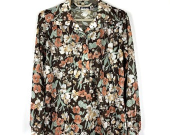 Bluzka vintage Teddi Floral Popover z lat 70. w odcieniach ziemi, brązowa, USA, z podwijanymi rękawami