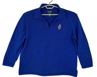 Sweter bawełniany Vintage Lauren Ralph Lauren z 3-krotnym haftem herbowym i motywem starych, eleganckich pieniędzy
