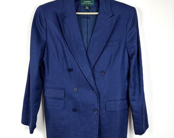 Lauren Ralph Lauren Vintage Navy Blue 100% Linen Double Breasted Blazer 12