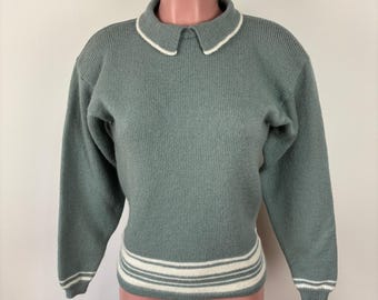 Sweter Vintage Ann Taylor z kołnierzykiem w kolorze szałwiowej zieleni w paski z wełny, rozmiar S