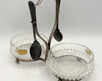 Srebrny talerzyk na przyprawy Queen Anne Double Condiment Caddy Jam wykonany w Anglii