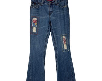 Jeansy Vintage Y2K Flare Low Rise Patchwork z przetarciami 9 kieszeniami z klapką z usztywnionego denimu