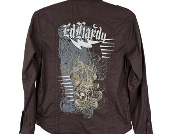 Koszula Y2K Ed Hardy-Christian Audigier z brązowymi guzikami, duży nadruk tatuażu