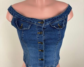 Bluzka z jeansu vintage Y2K z odkrytymi ramionami, rozmiar średni, bez ograniczeń