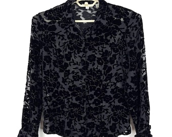 Vintage Velvet Burnout Floral Button Shirt Black 6 Ann Taylor whimsigoth