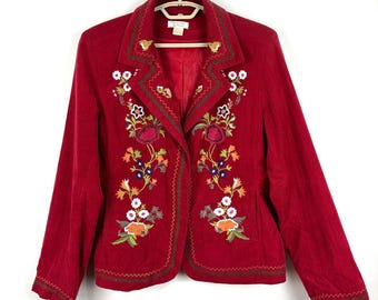 Marynarka z czerwonego sztruksu w stylu vintage Y2K z haftowanymi kwiatami, duża, boho, hipisowska
