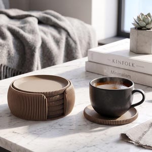 Minimalist Coaster Set with Holder | Modern 3D Printed Drink Coasters | Ribbed Coffee Table Decor | Housewarming Gift | Desk Coasters