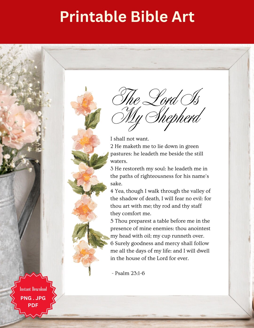 Psalm 23 Bible Verse Printable, Floral Art Print PDF (digital Download ...