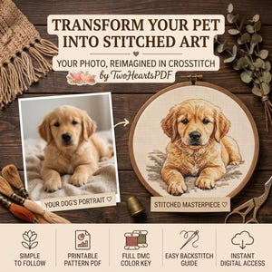 May include: A cross-stitch project featuring a golden retriever puppy portrait. The image includes a photo of a puppy, a finished cross-stitch in a wooden hoop, embroidery floss, a thimble, and scissors. Text reads: TRANSFORM YOUR PET INTO STITCHED ART.