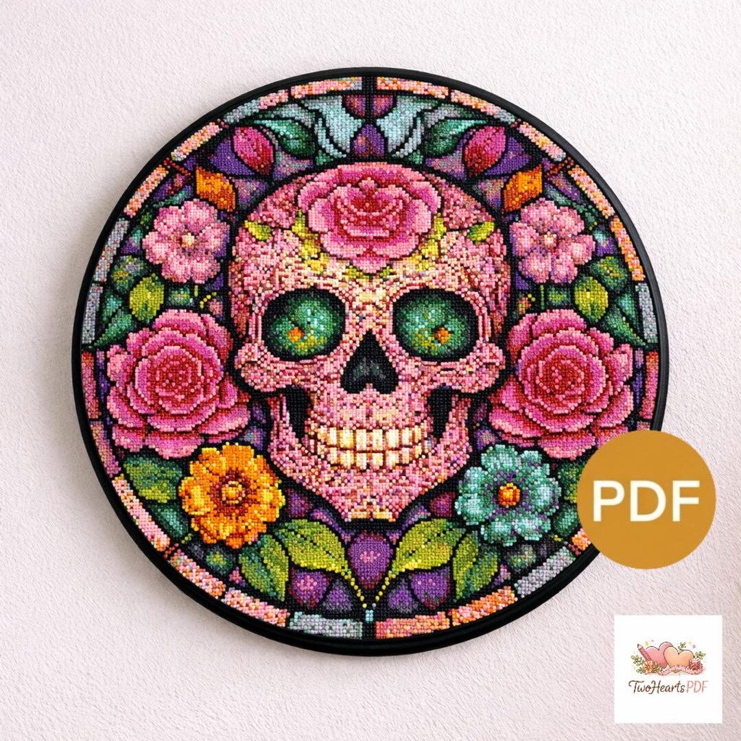 Floral Skull Cross Stitch Pattern, Sugar Skull Gothic Embroidery (PDF ...