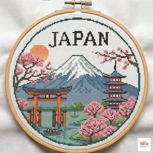 Japan Cross Stitch Pattern – Mount Fuji, Sakura, Temple Landscape (PDF Download)