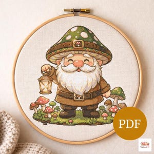 Mushroom Gnome Cross Stitch Pattern – Forest Lantern Embroidery (PDF Download)