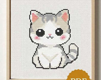 Kawaii Cat Cross Stitch Pattern, Beginner Animal Embroidery Chart (PDF Download)