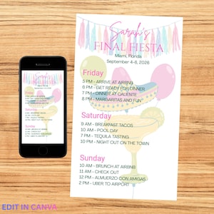 May include: A digital invitation for "Sarah's Final Fiesta" in Miami, Florida, September 4-6, 2026. The design features a colorful tassel banner, balloons, and a margarita illustration. The itinerary includes activities like brunch, pool day, and tequila tasting.