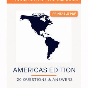Puede incluir: Un cuestionario PDF imprimible blanco titulado "Países de las Américas" con un contorno azul oscuro de las Américas. El cuestionario incluye 20 preguntas y respuestas. El banner superior es naranja y azul, con la dirección del sitio web.