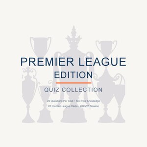 Puede incluir: Gráfico promocional para un cuestionario de fútbol, con el texto "Football Club Quiz" y "Premier League Edition Quiz Collection". El diseño es blanco y naranja, con detalles sobre el contenido del cuestionario.