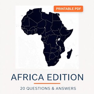Może przedstawiać: Drukowany quiz PDF zatytułowany "Kraje Afryki". Okładka przedstawia ciemnoniebieski kontur kontynentu afrykańskiego z granicami państw. Tytuł "AFRICA EDITION" jest wyświetlany pod mapą, wraz z "20 PYTAŃ I ODPOWIEDZI".