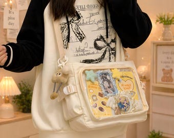 Ita Bag Messenger Crossbody Shoulder Bag, Clear Window Pins Display, Kawaii Anime, Harajuku Style