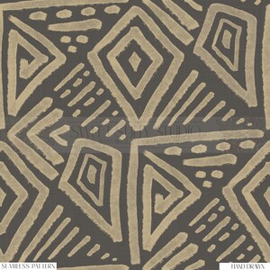 Puede incluir: Patrón sin costuras con formas geométricas dibujadas a mano en beige sobre un fondo gris oscuro. El diseño presenta diamantes, triángulos y líneas, creando una estética abstracta texturizada. Las palabras "Patrón sin costuras" y "Dibujado a mano" son visibles.