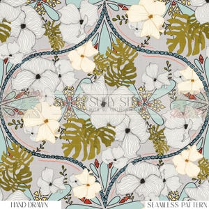Könnte beinhalten: Ein nahtloses Muster mit handgezeichneten weißen Blumen und olivgrünen Blättern auf hellgrauem Hintergrund. Das Design beinhaltet einen hellblauen und roten dekorativen Rand. Die Wörter "HAND DRAWN" und "SEAMLESS PATTERN" stehen unten.