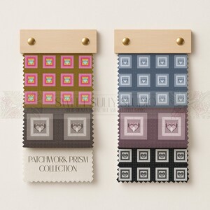 Peut inclure: Deux présentoirs d'échantillons de tissu avec un dessus en bois et des clous dorés. Les échantillons présentent un motif patchwork avec des motifs de cœurs et de carrés dans diverses couleurs, dont le vert olive, le rose et le bleu. Le texte "PATCHWORK PRISM COLLECTION" est visible.