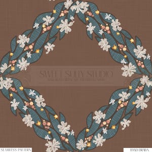 May include: A seamless pattern featuring a diamond-shaped floral design. The design includes teal leaves, white flowers, and small gold and pink accents, all set against a brown background. The text "SWEET SULLY STUDIO" is visible.