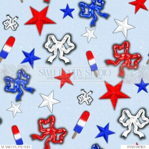 American Dreams Patriotic Seamless Pattern | Red White Blue Stars, Bows, Popsicles | Digital Download
