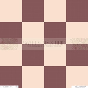 May include: A seamless pattern featuring a checkerboard design in alternating squares of mauve and light beige. The pattern includes the text "SWEET SULLY STUDIO HAND-DRAWN DIGITAL ART AND LIFESTYLE GOODS" and the words "SEAMLESS PATTERN" and "HAND DRAWN".