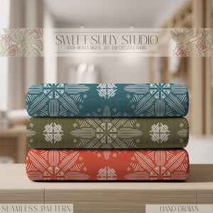 Puede incluir: Tres rollos de tela con un patrón de sol blanco repetido sobre fondos turquesa, verde oliva y naranja. La imagen incluye el texto "SWEET SULLY STUDIO" y "HAND-DRAWN DIGITAL ART AND LIFESTYLE GOODS". También se ven las palabras "SEAMLESS PATTERN" y "HAND DRAWN".