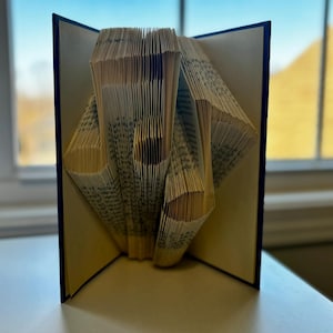 May include: A hardback book with folded pages forming a 3D design. The pages are beige, and the cover is dark blue. The folded design has a geometric shape with open circles. The book is open on a white surface, near a window.