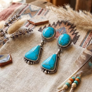 Western Turquoise Concho Earrings, Vintage Silver Tone Boho Jewelry, Southwest Flower Dangle, Sustainable Gemstone Cowgirl Gift for Her