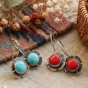 Antiqued Silver Flower Earrings, Turquoise Boho Dangle, Rustic Bohemian Jewelry for Women