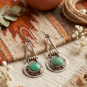 Rustic Mixed Metal Turquoise Earrings, Vintage Silver & Copper Tone Disc, Western Boho Dangle, Sustainable Gemstone Artisan Jewelry