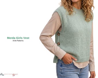 Merda Girls Vest Knitting Pattern PDF, Button Side Sweater Vest, Modern Oversized Knit Vest Pattern for Women- Girls Vest Cardigan Pattern