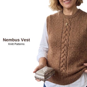 May include: A brown knitted vest with a cable knit design down the center. The vest is worn over a white shirt. The text "Nembus Vest Knitt Patterns" is displayed on the left side of the image.