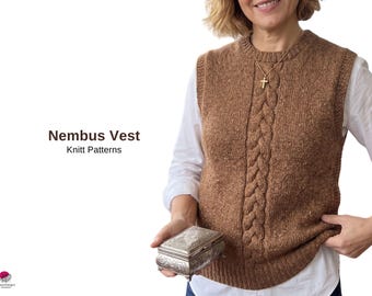 Nembus vest breipatroon pdf, kabelgebreid vestpatroon, mouwloos damestruipatroon, oversized gebreide toppatroon - meisjesvesttrui