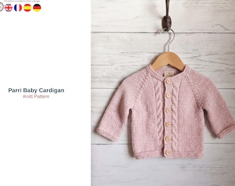 Patrón de punto para cárdigan de bebé Parri en PDF, cárdigan de bebé tejido de arriba hacia abajo, patrón de suéter de bebé con trenzas, patrón de punto para recién nacidos hasta 18 meses. Regalo ideal.