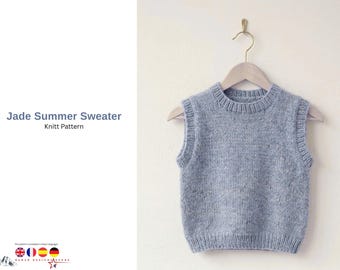 Jade Summer Sweater Knitting Pattern PDF, Children Knit Vest Pattern, Sleeveless Slipover, Kids Tank Top Pattern- Sweater for Boys and Girls
