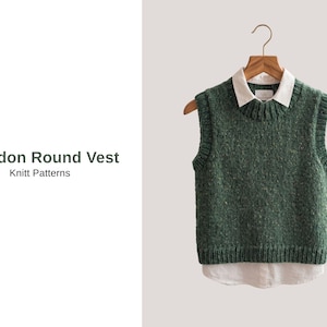 May include: A green knitted vest with a round neck, displayed on a wooden hanger. The vest is layered over a white collared shirt. The text "Brendon Round Vest Knitt Patterns" is visible.