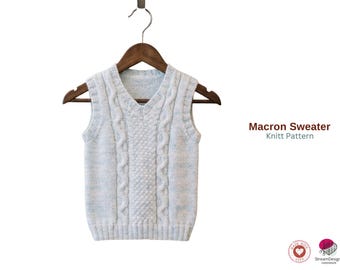 Macron Sweater Knitting Pattern – Cable V Neck Baby Vest PDF – Classic Children Knit Top – Toddler Pullover Pattern- Sweater Pattern Gift
