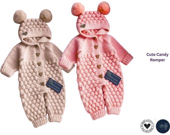 Patrón de tejido para pelele de bebé con diseño de caramelos / Pelele con capucha y punto burbuja / 0–6 meses / Conjunto de bebé tejido en PDF - Patrón de pelele para bebé - Regalo