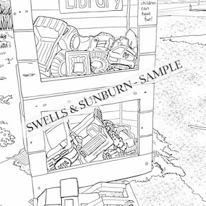 Puede incluir: Ilustración en blanco y negro de una biblioteca de playa llena de juguetes. El letrero dice "Beach Library" y "Por favor, devuelve los juguetes después de jugar. ¡Para que otros niños puedan divertirse!" Una excavadora de juguete está en primer plano.