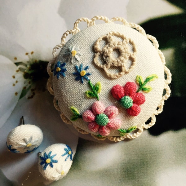 set brooch pin earrings brocade japanese daisy garden with crochet