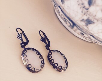 milk glass and vintage brass rustic drop earrings