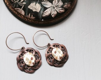 filigree brass circle drop earrings with japanese decor